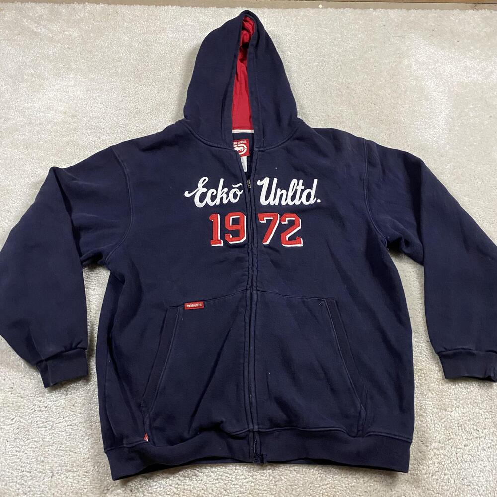 VTG Y2K Ecko Unltd. Hoodie Mens XL Blue Full Zip 1972 Graphic Fleece Sweatshirt